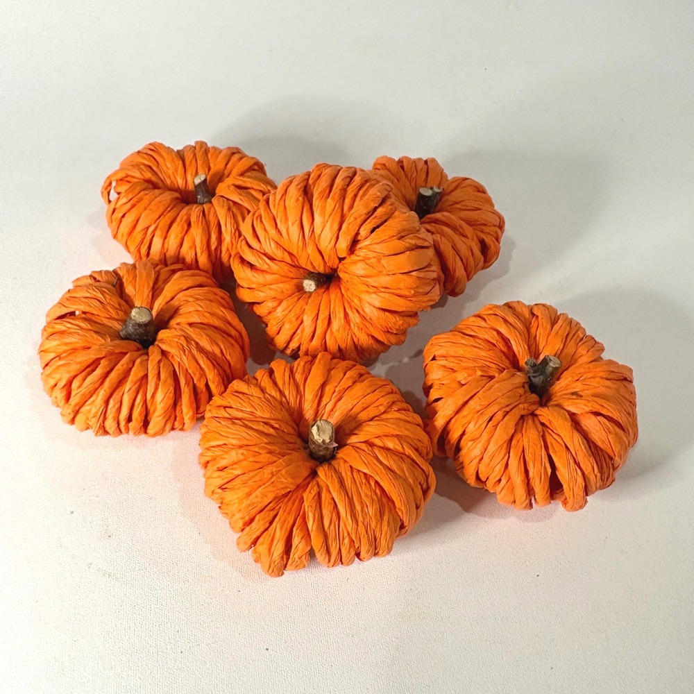 Set of 6 Mini Orange Raffia Paper Pumpkins Fall Thanksgiving Decor Wood Stems